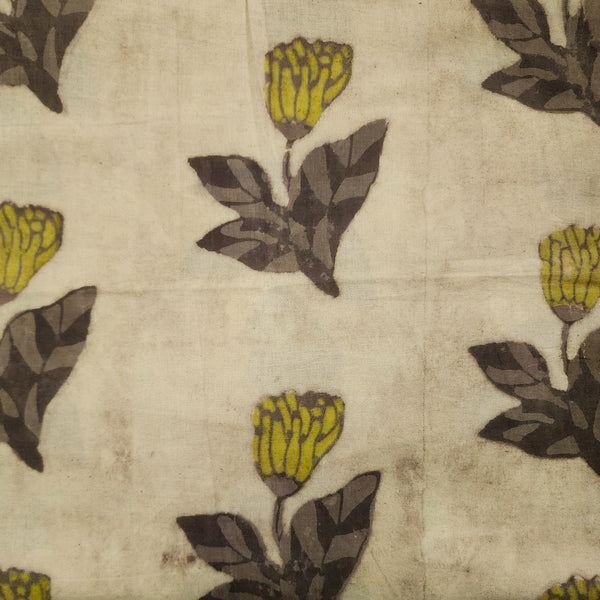 Pure Cotton Vanaspati Sandy With Yellow Brown Flower Hand Block Print Fabric