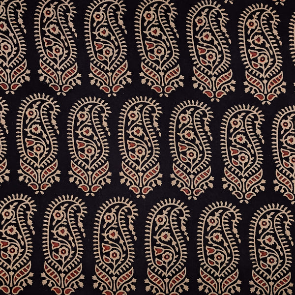 Pure Cotton Vegetable Dyed Black With Cream Rust Kairi Motifs Hand Block Print Fabric