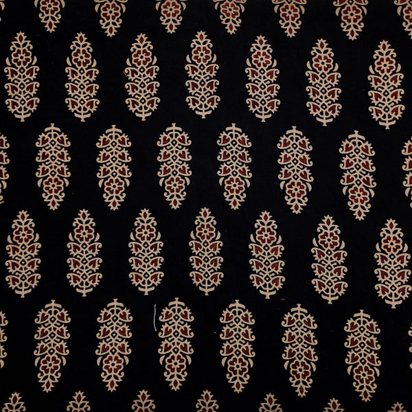 Pure Cotton Vegetable Dyed Black With Cream Rust Motifs Hand Block Print Fabric