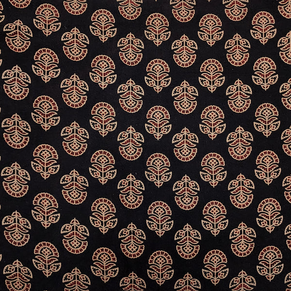 Pure Cotton Vegetable Dyed Black With Cream Small Flower Bud Motifs Hand Block Print Fabric