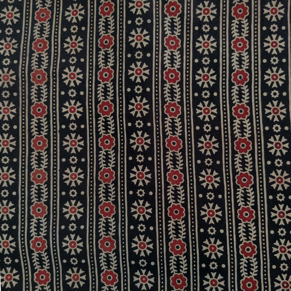 Pure Cotton Vegetable Dyed Black With Intricate Floral Border Hand Block Printed Fabric