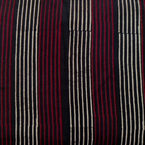 Pure Cotton Vegetable Dyed Black With Maroon And Cream Batch Stripes Hand Block Printed Fabric