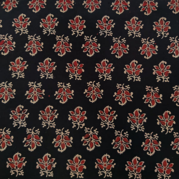 Pure Cotton Vegetable Dyed Black With Paan Flower Motifs Hand Block Printed Fabric