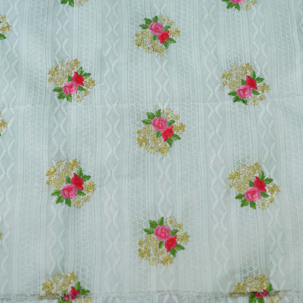 Pure Cotton White Chiken Border Fabric With Floral Embroidery