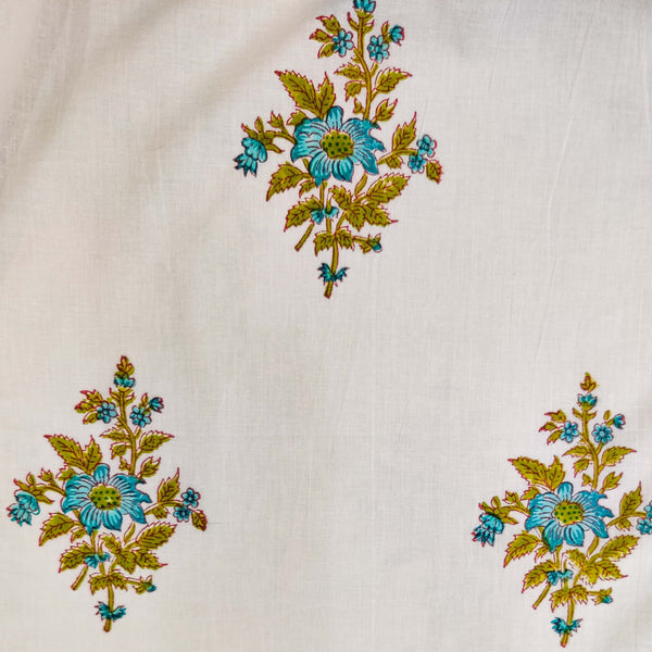 Pure Cotton White Jaipuri With Blue Flower Mughal Hand Block Print Fabric