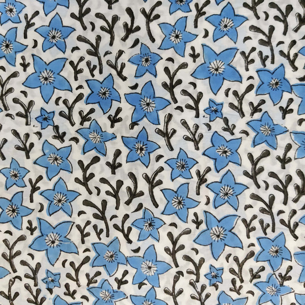 Pure Cotton White Jaipuri With Blue Flowers Jaal Hand Block Print Fabric