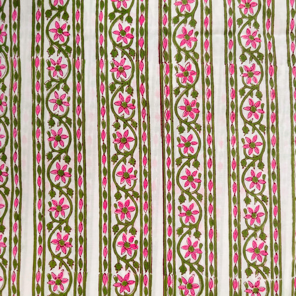 Pure Cotton White Jaipuri With Floral Border Hand Block Print Fabric