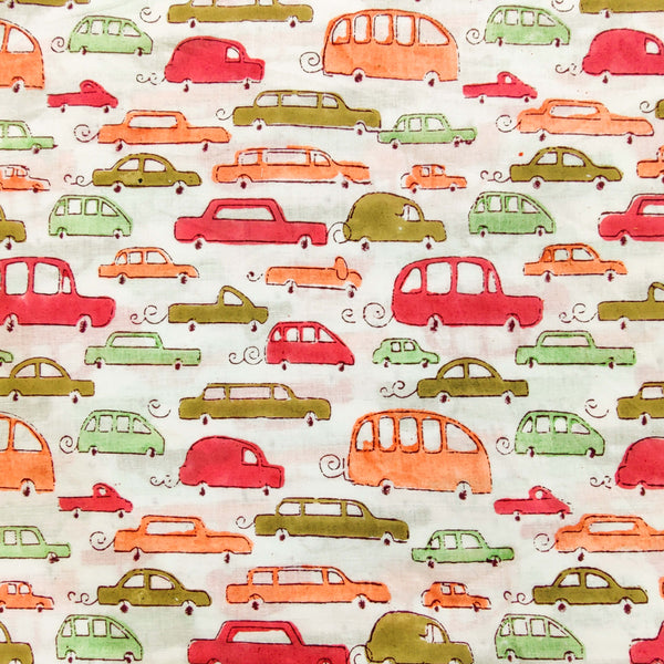 Pure Cotton White Jaipuri With Peach Green And Red Cars Hand Block Print Fabric