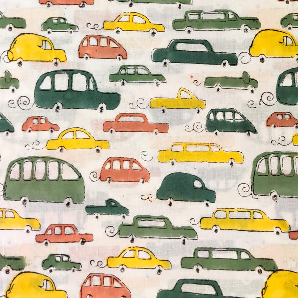 Pure Cotton White Jaipuri With Peach Green And Yellow Cars Hand Block Print Fabric