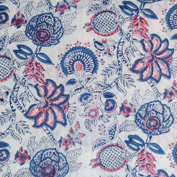 Pure Cotton White Jaipuri With Pink And Blue Wild Fruit Jaal Hand Block Print Fabric