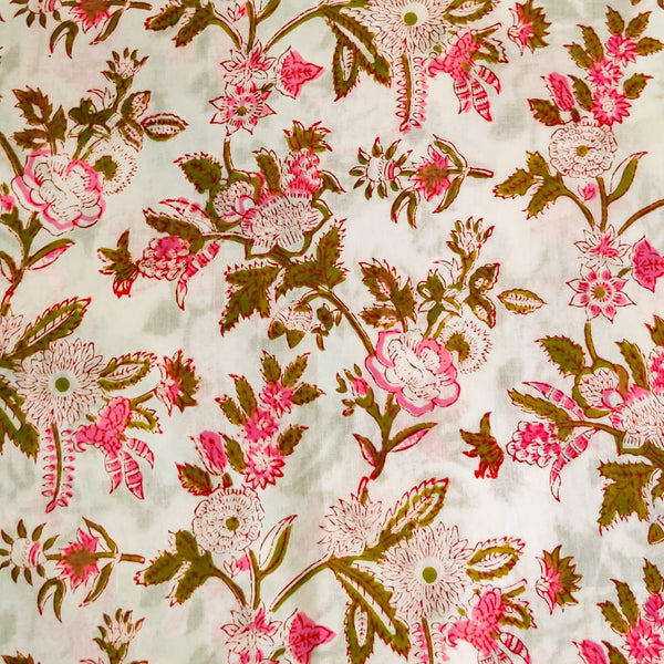 Pure Cotton White Jaipuri With Pink And Green Flower Jaal Hand Block Print blouse Fabric ( 1 meter )