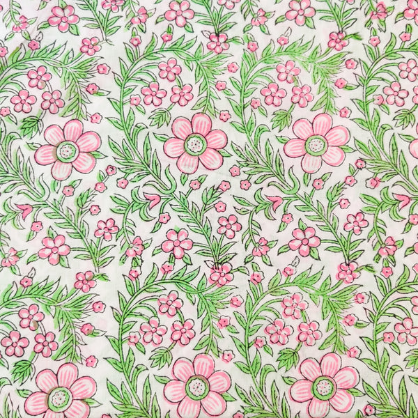 Pure Cotton White Jaipuri With Pink And Green Simple Jaal Hand Block Print Fabric