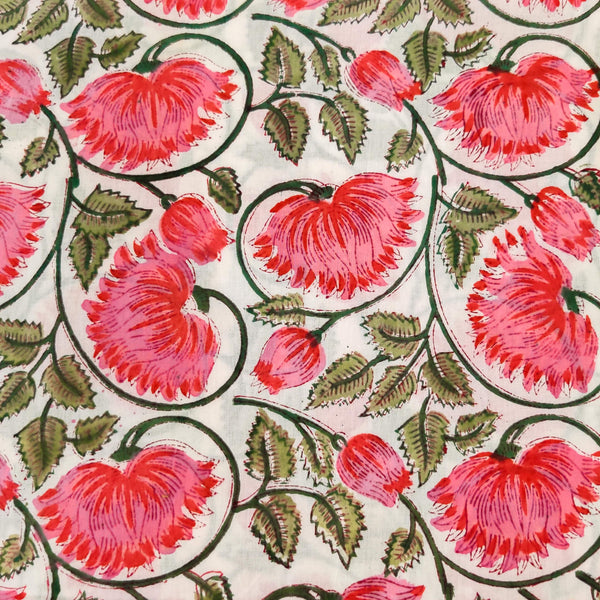 Pure Cotton White Jaipuri With Pink Lotus Hand Block Print Fabric