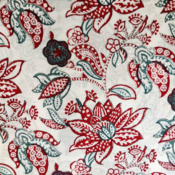 Pure Cotton White Jaipuri With Red Big Juglee Floral Jaal Hand Block Print Fabric