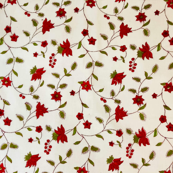 Pure Cotton White Jaipuri With Red Mughal Jaal Hand Block Print Fabric