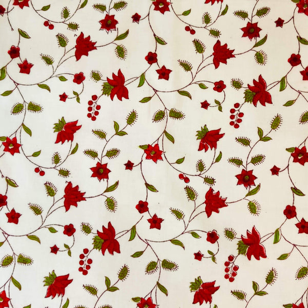 Pure Cotton White Jaipuri With Red Mughal Jaal Hand Block Print blouse Fabric ( 90 cm )