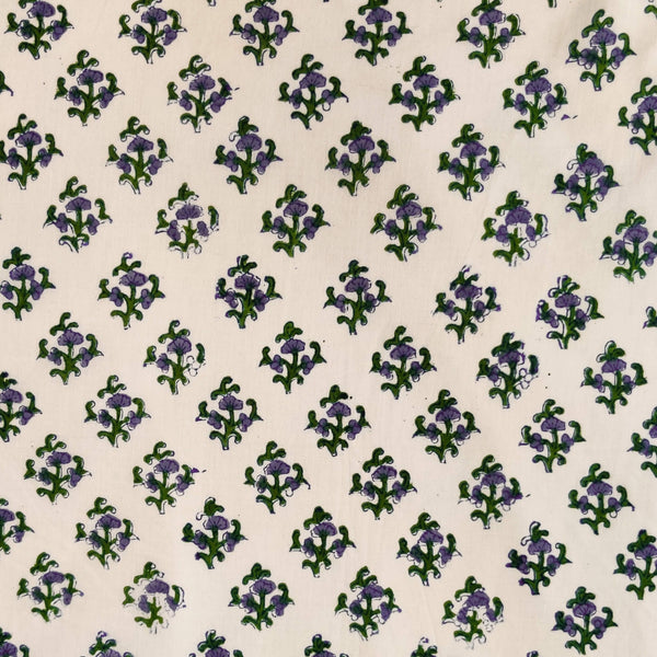 Pure Cotton White Jaipuri With Tiny Plant Motif Hand Block Print Fabric