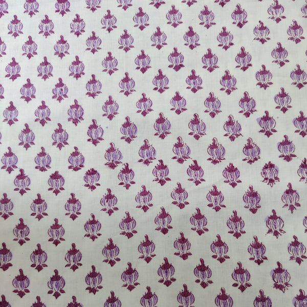 Pure Cotton White Jaipuri With Tiny Purple Motif Hand Block Print Fabric