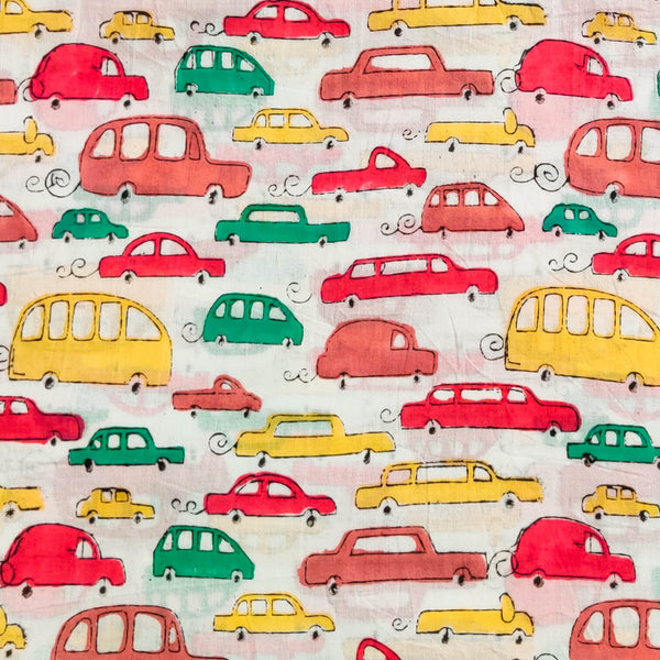 Pure Cotton White Jaipuri With Yellow Green And Peach Cars Hand Block Print Fabric