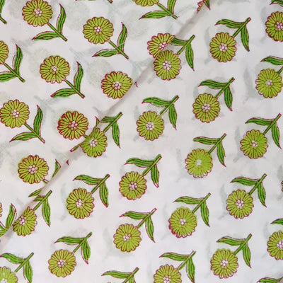 Pure Cotton White Jaipuri With Yellow Green Sunflower Hand Block Print Blouse Fabric ( 90 cm )