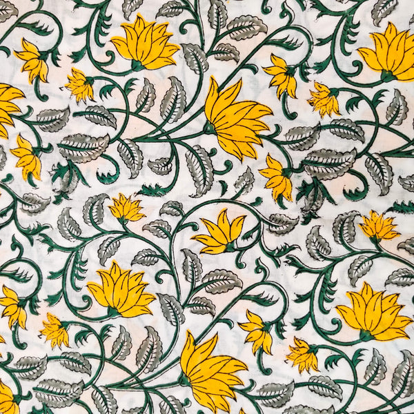 Pure Cotton White Jaipuri With Yellow Tulip Jaal Hand Block Print Fabric