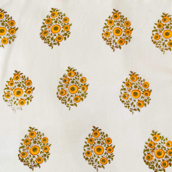 Pure Cotton White Jaipuri With Yelow Flower Bunch Spaced Out Motif Hand Block Print Fabric