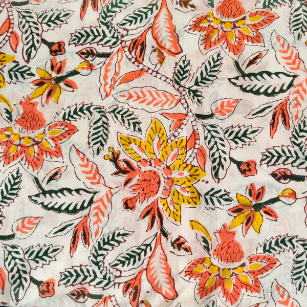 Pure Cotton White Jaipuri Wth Yellow And Orange Wild Flower Jaal Hand Block Print Fabric