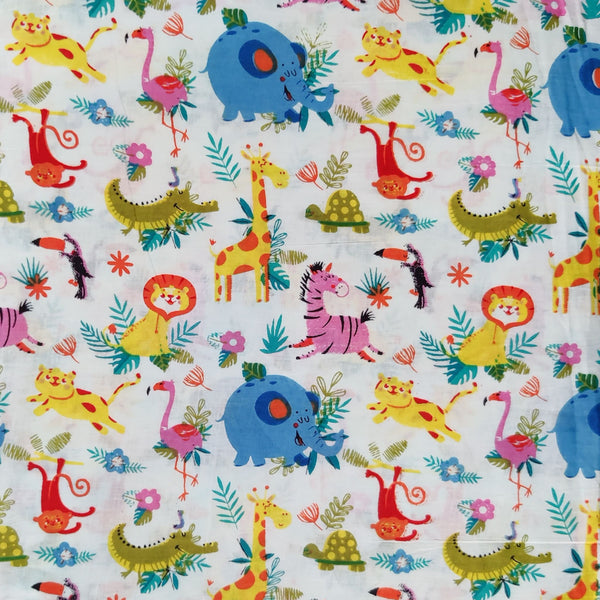 Pure Cotton White With Animal Kingdom Screenprint Fabric