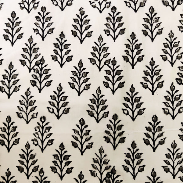 Pure Cotton White With Black And Grey Plant Hand Block Print Fabric