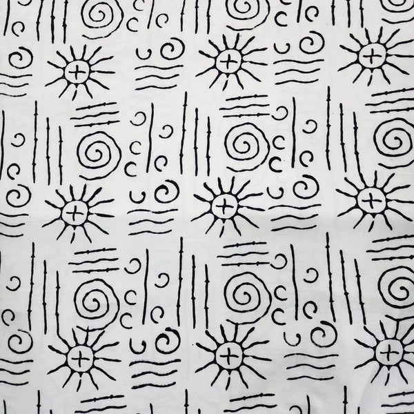 Pure Cotton White With Black Boho Sun And Moon Hand Block Print Fabric