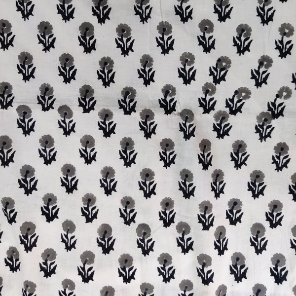 Pure Cotton White With Black Grey Tiny Flowers Hand Block Print Blouse Fabric ( 1 Meter )