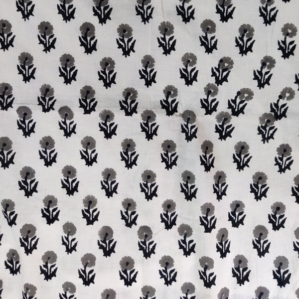 Pure Cotton White With Black Grey Tiny Flowers Hand Block Print Fabric