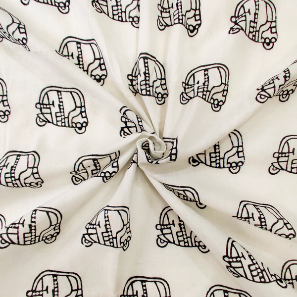 Pure Cotton White With Black Rickshaw Hand Block Print Fabric