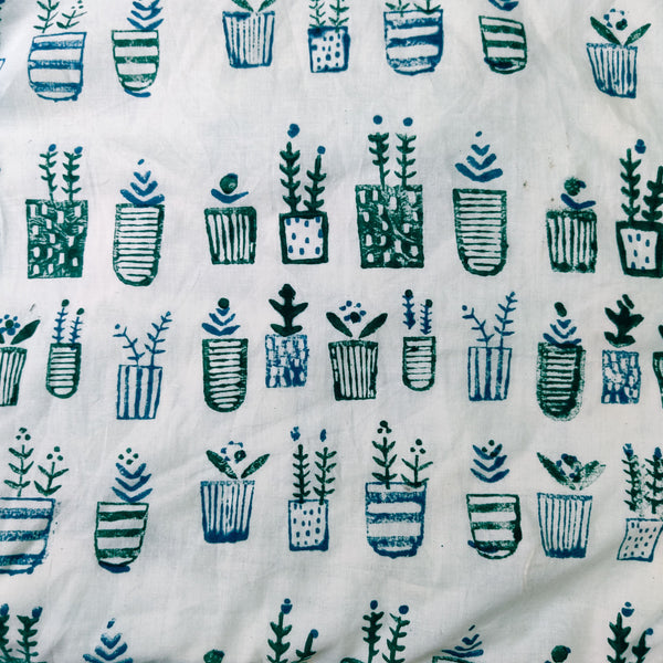 Pure Cotton White With Blue Green Cactus Hand Block Print Fabric