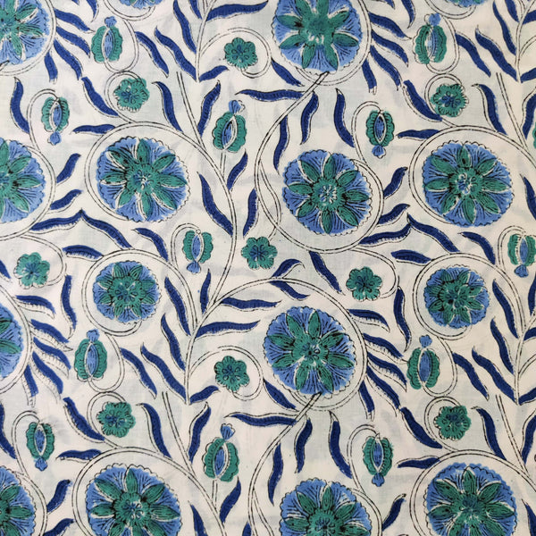 Pure Cotton White With Blue Green Flower Jaal Hand Block Print Fabric