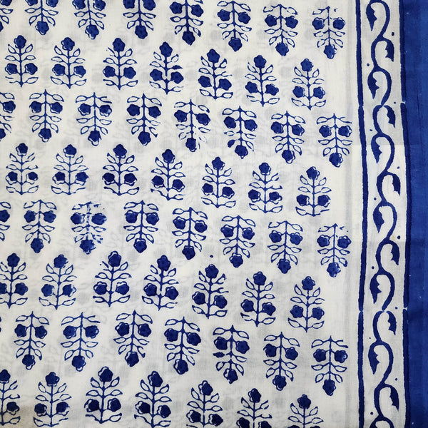 Pure Cotton White With Blue Three Flower Plant Hand Block Print Fabric