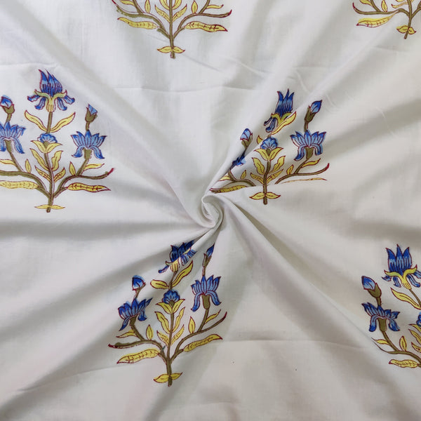 Pure Cotton White With Blue Yellow Candle Stand Plant Hand Block Print Fabric