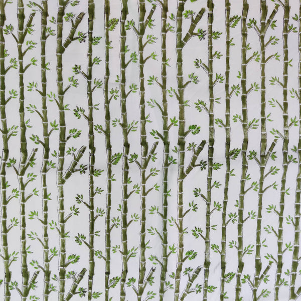 Pure Cotton White With Dark Green Bamboo Hand Block Print Fabric