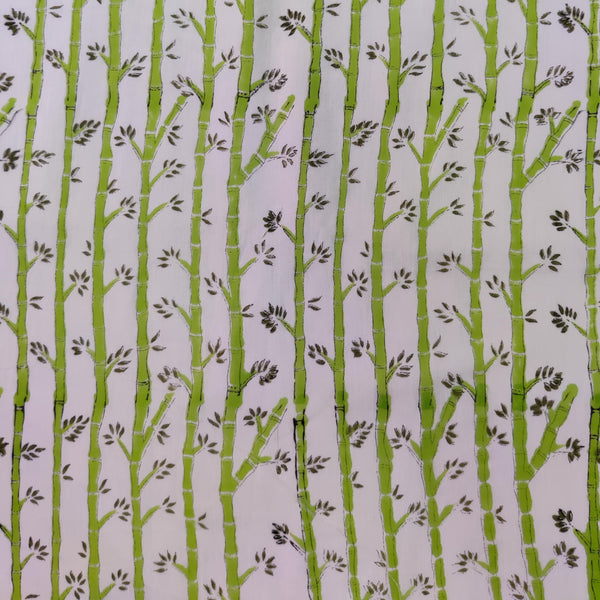 Pure Cotton White With Green Bamboo Hand Block Print Fabric