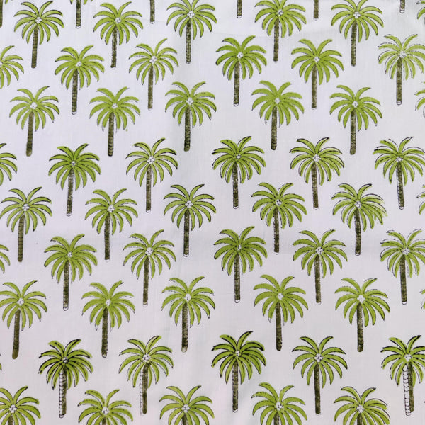 Pure Cotton White With Green Palm Trees Hand Block Print Fabric