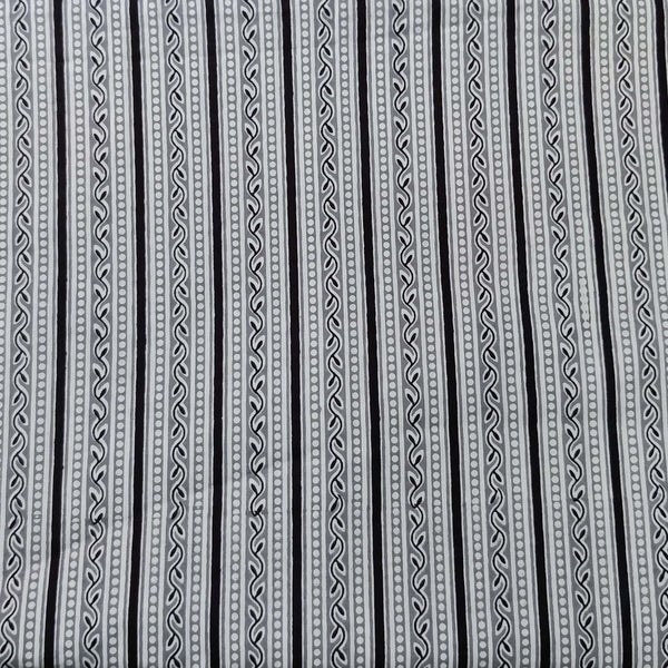 Pure Cotton White With Grey And Black Border Screen Print Fabric