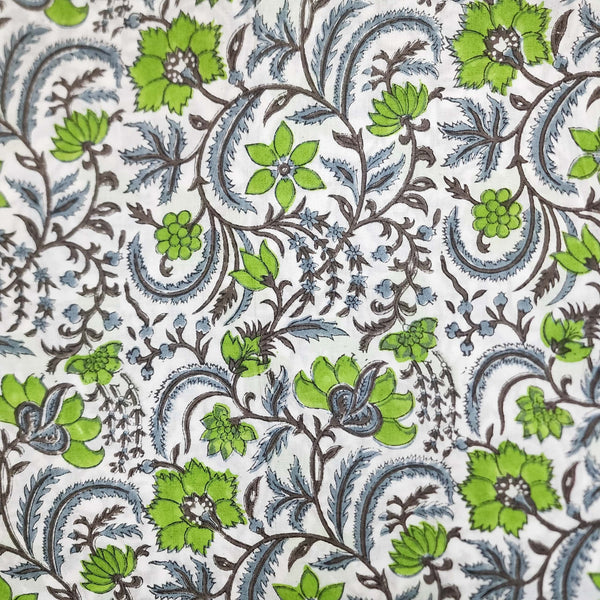 Pure Cotton White With Grey And Green Jaal Jaipuri Hand Block Print Fabric