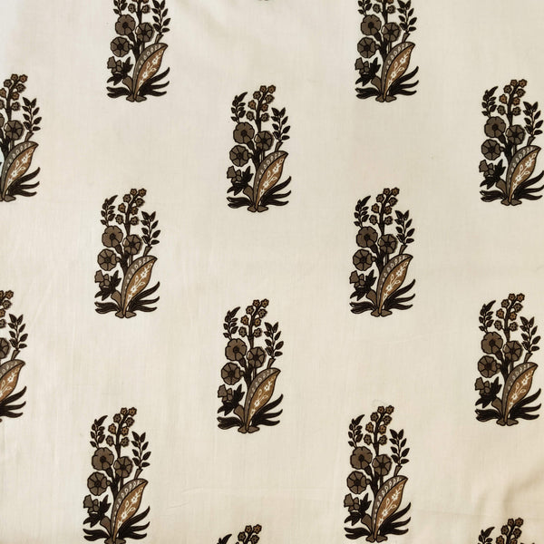 Pure Cotton White With Grey Flower Mughal Motif Screen Print Fabric