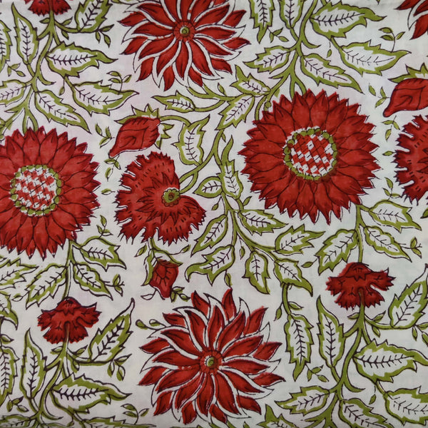 Pure Cotton White With Orange Sunflower Jaal Hand Block Print Fabric