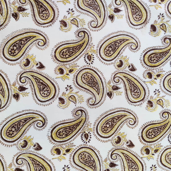 Pure Cotton White With Paisleys Hand Block Print Fabric