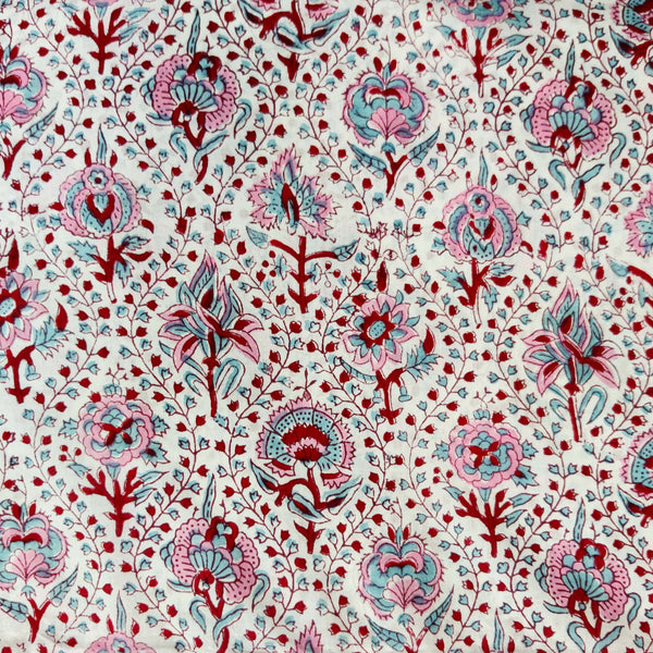 Pure Cotton White With Pink And Red Flower Creeper Hand Block Print Fabric