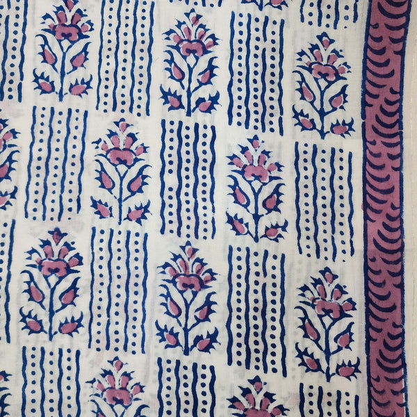 Pure Cotton White With Pink Blue Alternate Plant And Three Stripes Hand Block Print Fabric