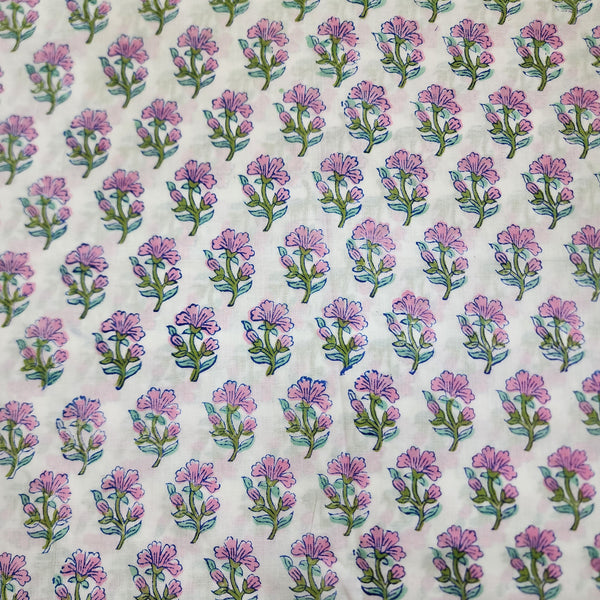 Pure Cotton White With Pink Lilac Flowers Motif Jaipuri Hand Block Print Fabric