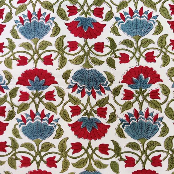 Pure Cotton White With Red And Blue Creeper Hand Block Print Fabric