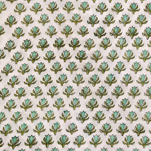 Pure Cotton White With Tiny Green Plant Motif Hand Block Print Fabric